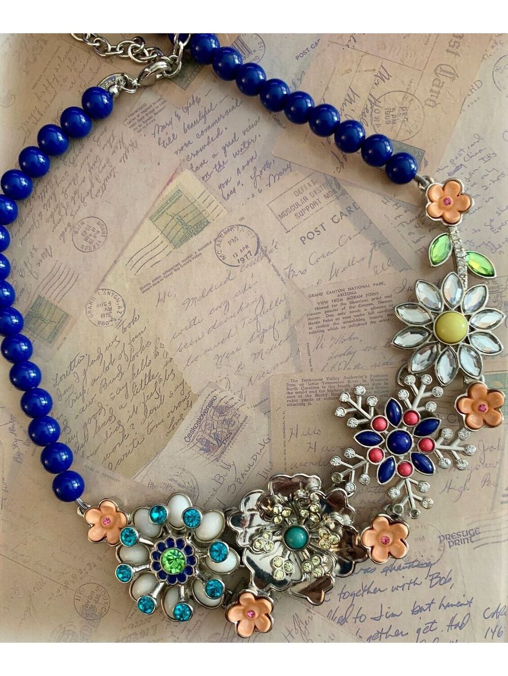 Vintage Lia Sophia Blue Beaded & Crystal Floral Garden Bib Necklace